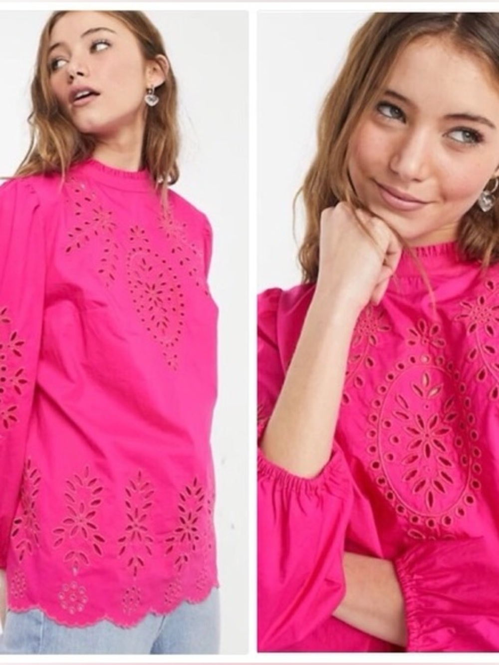 J. Crew Hot Pink Eyelet Lace High-Neck Blouse